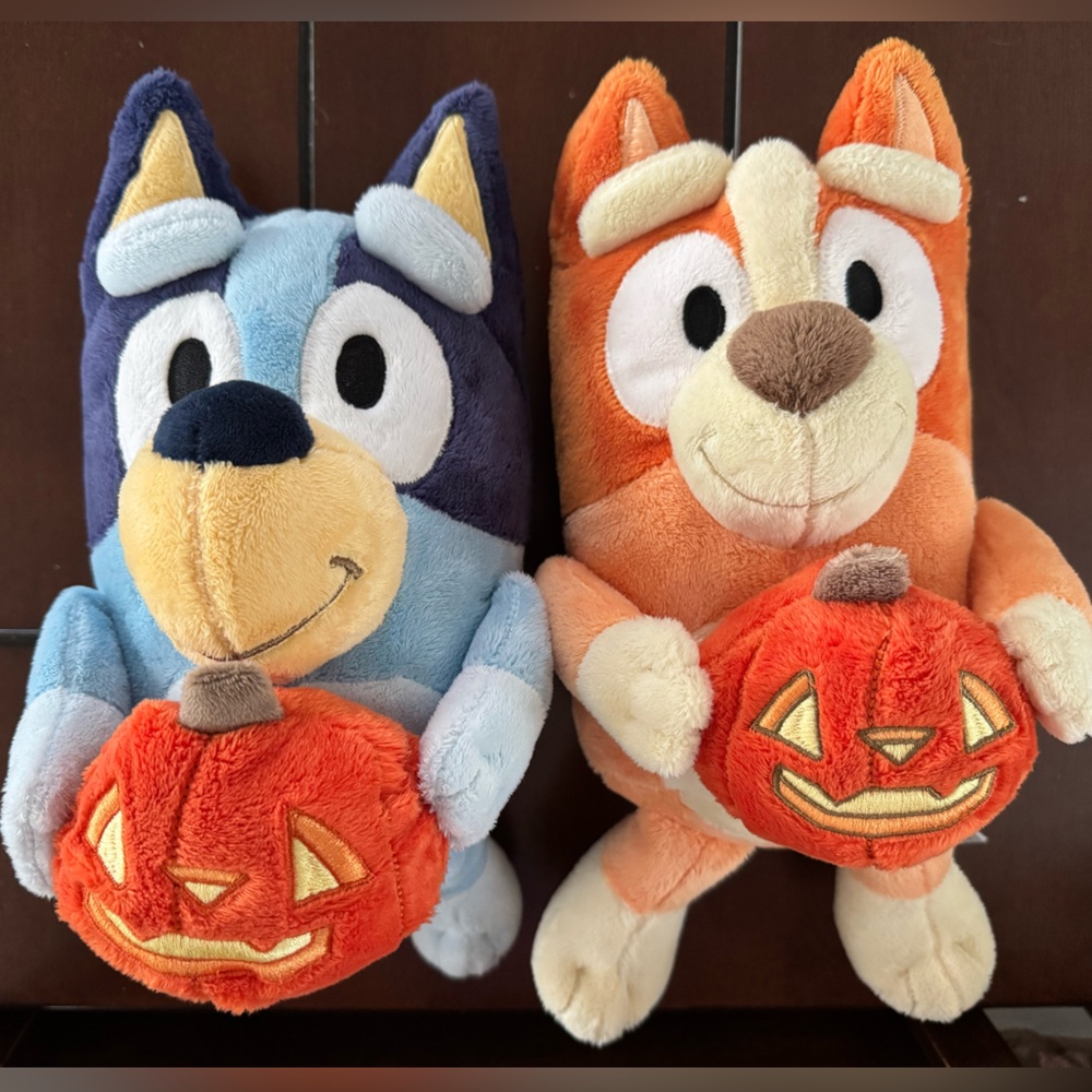 Bluey and Bingo Plushies with Pumpkins